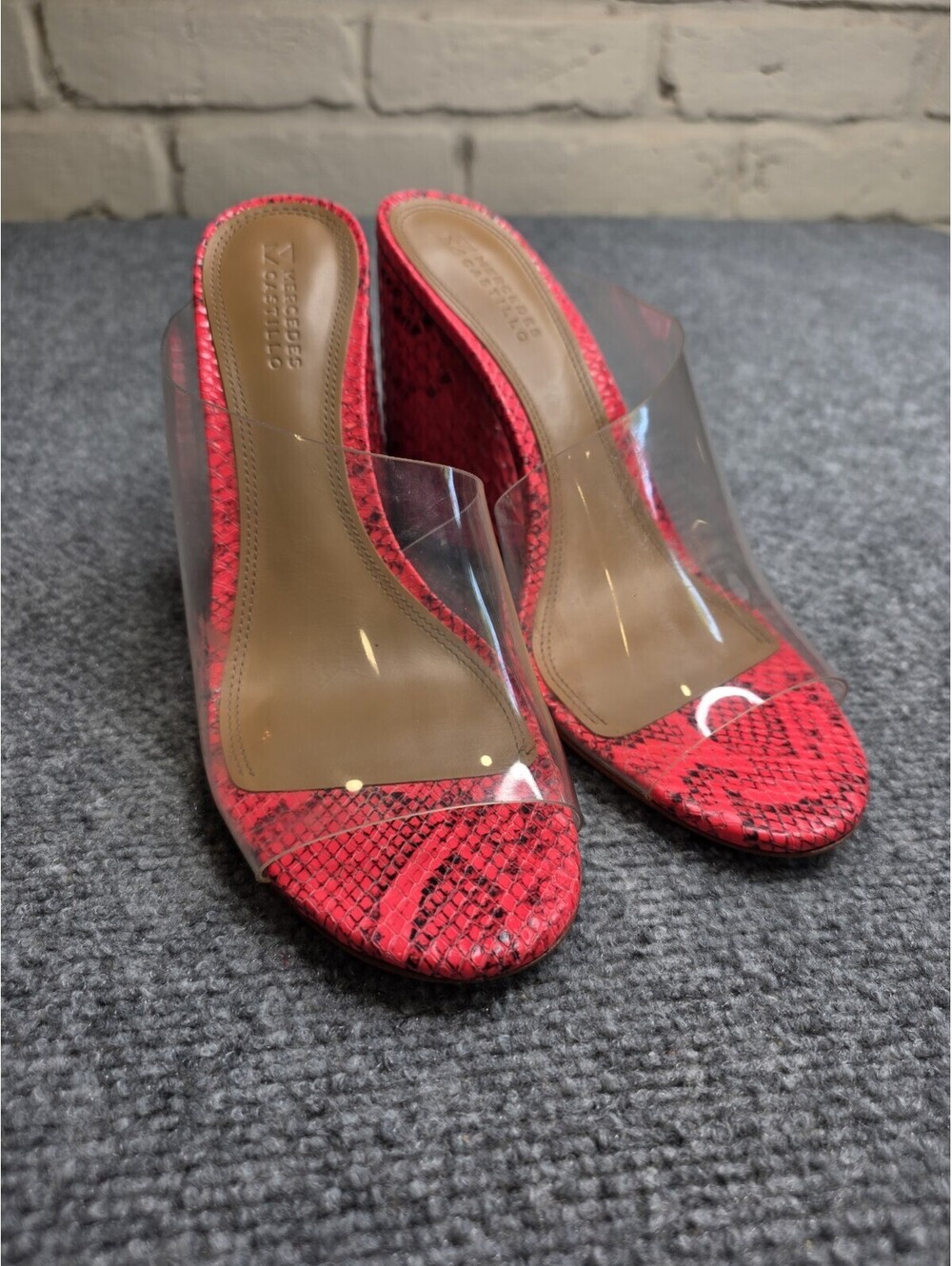 Mercedes Castillo Pink Python Clear Mule Heels Sz 9 / 39 Snakeskin Neon Slide